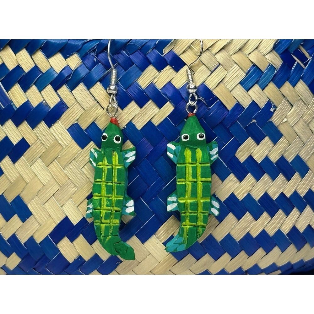 Green Crocodile Alebrije Earrings Hand Carved Painted Wood Oaxaca Mexican Folk